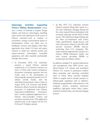 OFFICE OF THE SECRETARY OF DEFENSE
Annual Report to Congress: Military and Security Developments Involving the People’s Republic of China
83
Espionage Activities Supporting
China’s Military Modernization. China
uses a variety of methods to acquire foreign
military and dual-use technologies, including
cyber activity and exploitation of the access of
Chinese nationals—such as students or
researchers—acting as procurement agents or
intermediaries. China very likely uses its
intelligence services and employs other illicit
approaches that violate U.S. laws and export
controls to obtain key national security and
export-restricted technologies, controlled
equipment, and other materials unobtainable
through other means.
> In November 2014, U.S. authorities
arrested a named Chinese national
employed by a U.S. defense contractor en
route to China with sensitive proprietary
documents containing equations and test
results used in the development of
technologically advanced titanium for U.S.
military aircraft. Earlier, after the
individual returned from a trip to China in
August 2014, U.S. Customs and Border
Protection officers found the individual in
possession of undeclared cash, Chinese
corporation-establishment documents,
and a mostly-completed application for a
Chinese state-controlled aviation and
aerospace research center. The application
claimed work on the engines for the U.S.
F-22 and F-35 fighter aircraft.
> In May 2015, U.S. authorities arrested
Chinese national Zhang Hao based on a
32 count indictment charging Zhang and
five other named Chinese defendants with
economic espionage and the theft of trade
secrets. The indictment alleged Zhang and
the other co-conspirators stole source
codes, specifications, design layouts, and
other documents related to thin-film bulk
acoustic resonator (FBAR) dual-use
technology from U.S. companies. The
stolen material supported the creation of a
Chinese FBAR fabrication facility and
joint venture providing FBARs to
commercial and military entities.
In addition, multiple U.S. criminal indictments
and investigations since 2009 involve non-
ethnic-Chinese U.S. citizens and naturalized
Chinese U.S. citizens or permanent resident
aliens procuring and exporting controlled
items to China. These activities included
efforts to acquire and to transfer sensitive or
military-grade equipment such as radiation-
hardened programmable semiconductors and
computer circuits, restricted microwave
amplifiers, high-grade carbon fiber, export-
restricted technical data, and thermal imaging
systems.
 