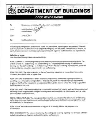 Chicago: 2016 Code Memorandum Roofing Requirements