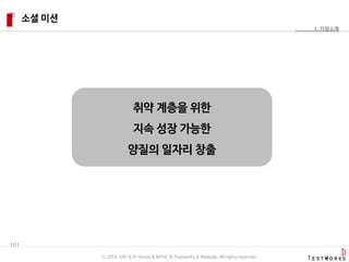 소셜 미션
101
취약 계층을 위한
지속 성장 가능한
양질의 일자리 창출
1. 기업소개
ⓒ 2016. SAP & D-Korea & MYSC & Testworks & Moduda. All rights reserved.
 