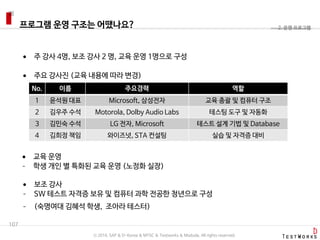프로그램 운영 구조는 어땠나요?
107
2. 운영 프로그램
 주 강사 4명, 보조 강사 2 명, 교육 운영 1명으로 구성
 주요 강사진 (교육 내용에 따라 변경)
 교육 운영
- 학생 개인 별 특화된 교육 운영 (노정화 실장)
No. 이름 주요경력 역할
1 윤석원 대표 Microsoft, 삼성전자 교육 총괄 및 컴퓨터 구조
2 김우주 수석 Motorola, Dolby Audio Labs 테스팅 도구 및 자동화
3 김민숙 수석 LG 전자, Microsoft 테스트 설계 기법 및 Database
4 김희정 책임 와이즈넛, STA 컨설팅 실습 및 자격증 대비
 보조 강사
- SW 테스트 자격증 보유 및 컴퓨터 과학 전공한 청년으로 구성
- (숙명여대 김혜석 학생, 조아라 테스터)
ⓒ 2016. SAP & D-Korea & MYSC & Testworks & Moduda. All rights reserved.
 