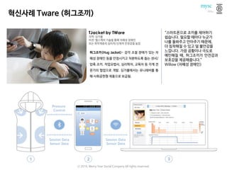 TJacket by TWare
지역: 싱가폴
미션: 헬스케어 기술을 통해 자폐성 장애인
또는 취약계층의 심리적/신체적 안정감을 높임
허그조끼(Hug Jacket)- 감각 조절 장애가 있는 자
폐성 장애인 등을 안정시키고 차분하도록 돕는 센서/
압축 조끼. 직업요법사, 심리학자, 교육자 등 각계 전
문가의 협업으로 개발. 싱가폴에서는 유니레버를 통
해 사회공헌형 제품으로 보급됨.
“스마트폰으로 조끼를 제어하기
쉽습니다. 필요할 때마다 누군가
나를 돌봐주고 안아주기 때문에,
더 침착해질 수 있고 덜 불안감을
느낍니다. 가끔 공황이나 극도로
예민해질 때, 허그조끼가 안전감과
보호감을 제공해줍니다.”
Willow (자폐성 장애인)
혁신사례 Tware (허그조끼)
ⓒ 2016. Merry Year Social Company All rights reserved.
 