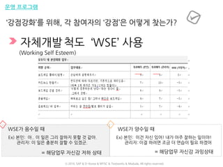 운영 프로그램
자체개발척도 ‘WSE’ 사용
(Working Self Esteem)
WSE가 음수일 때 WSE가 양수일 때
Ex) 본인: 아.. 이 일은 그리 잘하지 못할 것 같아.
관리자: 이 일은 충분히 잘할 수 있겠군.
Ex) 본인: 이건 자신 있어! 내가 아주 잘하는 일이야!
관리자: 이걸 하려면 조금 더 연습이 필요 하겠어
= 해당업무 자신감 저하 상태 = 해당업무 자신감 과잉상태
‘강점강화’를 위해, 각 참여자의 ‘강점’은 어떻게 찾는가?
ⓒ 2016. SAP & D-Korea & MYSC & Testworks & Moduda. All rights reserved.
 