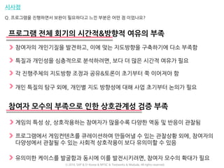 시사점
Q. 프로그램을 진행하면서 보완이 필요하다고 느낀 부분은 어떤 점 이었나요?
프로그램 전체 회기의 시간적&방향적 여유의 부족
참여자 모수의 부족으로 인한 상호관계성 검증 부족
참여자의 개인기질을 발견하고, 이에 맞는 지도방향을 구축하기에 다소 부족함
특질과 개인성을 심층적으로 분석하려면, 보다 더 많은 시간적 여유가 필요
각 진행주체의 지도방향 조정과 공유&토론이 초기부터 쭉 이어져야 함
개인 특질의 탐구 외에, 개인별 지도 방향성에 대해 사업 초기부터 논의가 필요
게임의 특성 상, 상호작용하는 참여자가 많을수록 다양한 역동 및 반응이 관찰됨
프로그램에서 게임컨텐츠를 큐레이션하여 만들어낼 수 있는 관찰상황 외에, 참여자의
다양성에서 관찰될 수 있는 사회적 상호작용이 보다 유의미할 수 있음
유의미한 케이스를 발굴함과 동시에 이를 발전시키려면, 참여자 모수의 확대가 필요
ⓒ 2016. SAP & D-Korea & MYSC & Testworks & Moduda. All rights reserved.
 