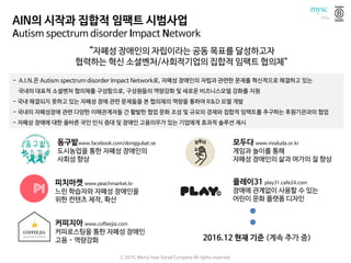 AIN의 시작과 집합적 임팩트 시범사업
Autism spectrum disorder Impact Network
“자폐성 장애인의 자립이라는 공동 목표를 달성하고자
협력하는 혁신 소셜벤처/사회적기업의 집합적 임팩트 협의체”
- A.I.N.은 Autism spectrum disorder Impact Network로, 자폐성 장애인의 자립과 관련한 문제를 혁신적으로 해결하고 있는
국내의 대표적 소셜벤처 협의체를 구성함으로, 구성원들의 역량강화 및 새로운 비즈니스모델 강화를 지원
- 국내 해결되지 못하고 있는 자폐성 장애 관련 문제들을 본 협의체의 역량을 통하여 R&D 모델 개발
- 국내의 자폐성장애 관련 다양한 이해관계자들 간 활발한 협업 문화 조성 및 규모의 경제와 집합적 임팩트를 추구하는 후원기관과의 협업
- 자폐성 장애에 대한 올바른 국민 인식 증대 및 장애인 고용의무가 있는 기업에게 효과적 솔루션 제시
피치마켓 www.peachmarket.kr
느린 학습자와 자폐성 장애인을
위한 컨텐츠 제작, 확산
동구밭www.facebook.com/donggubat.se
도시농업을 통한 자폐성 장애인의
사회성 향상
커피지아 www.coffeejia.com
커피로스팅을 통한 자폐성 장애인
고용・역량강화
모두다 www.moduda.or.kr
게임과 놀이를 통해
자폐성 장애인의 삶과 여가의 질 향상
플레이31 play31.cafe24.com
장애에 관계없이 사용할 수 있는
어린이 문화 플랫폼 디자인
2016.12 현재 기준 (계속 추가 중)
ⓒ 2016. Merry Year Social Company All rights reserved.
 