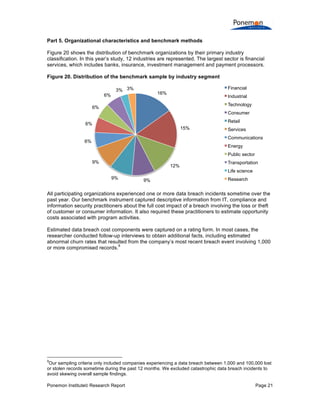 Ponemon Institute© Research Report Page 21
Part 5. Organizational characteristics and benchmark methods
Figure 20 shows the distribution of benchmark organizations by their primary industry
classification. In this year’s study, 12 industries are represented. The largest sector is financial
services, which includes banks, insurance, investment management and payment processors.
Figure 20. Distribution of the benchmark sample by industry segment
All participating organizations experienced one or more data breach incidents sometime over the
past year. Our benchmark instrument captured descriptive information from IT, compliance and
information security practitioners about the full cost impact of a breach involving the loss or theft
of customer or consumer information. It also required these practitioners to estimate opportunity
costs associated with program activities.
Estimated data breach cost components were captured on a rating form. In most cases, the
researcher conducted follow-up interviews to obtain additional facts, including estimated
abnormal churn rates that resulted from the company’s most recent breach event involving 1,000
or more compromised records.
9
9
Our sampling criteria only included companies experiencing a data breach between 1,000 and 100,000 lost
or stolen records sometime during the past 12 months. We excluded catastrophic data breach incidents to
avoid skewing overall sample findings.
16%
15%
12%
9%9%
9%
6%
6%
6%
6%
3% 3% Financial
Industrial
Technology
Consumer
Retail
Services
Communications
Energy
Public sector
Transportation
Life science
Research
 