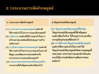 ก. กระบวนการจัดทากลยุทธ์
(1) กระบวนการวางแผนกลยุทธ์ องค์กรมี
วิธีการอย่างไรในการวางแผนเชิงกลยุทธ์?
(2) นวัตกรรม องค์กรมีวิธีการอย่างไรในการ
สร้างสภาพแวดล้อมที่สนับสนุนการสร้าง
นวัตกรรม?
(3) การวิเคราะห์และกาหนดกลยุทธ์ องค์กรมี
วิธีการอย่างไรในการรวบรวมและวิเคราะห์
ข้อมูล และพัฒนาสารสนเทศสาหรับ
กระบวนการวางแผนเชิงกลยุทธ์?
(4) ระบบงานและสมรรถนะหลักขององค์กร
ระบบงานที่สาคัญขององค์กรคืออะไร?
ข.วัตถุประสงค์เชิงกลยุทธ์
(1) วัตถุประสงค์เชิงกลยุทธ์ที่สาคัญ
วัตถุประสงค์เชิงกลยุทธ์ที่สาคัญของ
องค์กรมีอะไรบ้าง ให้ระบุตารางเวลาที่จะ
บรรลุวัตถุประสงค์ดังกล่าว?
(2) การพิจารณาวัตถุประสงค์เชิงกลยุทธ์
องค์กรวิธีการอย่างไรในการทาให้
วัตถุประสงค์เชิงกลยุทธ์เกิดความสมดุลที่
เหมาะสม ระหว่างความแตกต่างกันและ
แนวโน้มการแข่งขันความต้องการของ
องค์กร?
 