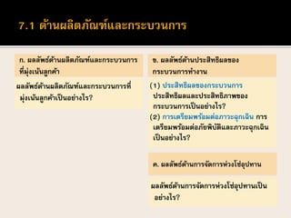 ก. ผลลัพธ์ด้านผลิตภัณฑ์และกระบวนการ
ที่มุ่งเน้นลูกค้า
ผลลัพธ์ด้านผลิตภัณฑ์และกระบวนการที่
มุ่งเน้นลูกค้าเป็นอย่างไร?
ค. ผลลัพธ์ด้านการจัดการห่วงโซ่อุปทาน
(1) ประสิทธิผลของกระบวนการ
ประสิทธิผลและประสิทธิภาพของ
กระบวนการเป็นอย่างไร?
(2) การเตรียมพร้อมต่อภาวะฉุกเฉิน การ
เตรียมพร้อมต่อภัยพิบัติและภาวะฉุกเฉิน
เป็นอย่างไร?
ข. ผลลัพธ์ด้านประสิทธิผลของ
กระบวนการทางาน
ผลลัพธ์ด้านการจัดการห่วงโซ่อุปทานเป็น
อย่างไร?
 