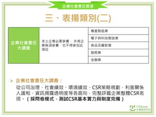 企業社會責任獎項
三、表揚類別(二)
 企業社會責任大調查：
從公司治理、社會績效、環境績效、CSR策略規劃、利害關係
人議和、資訊揭露透明度等各面向，完整評鑑企業整體CSR表
現。（採問卷模式，測試CSR基本實力與制度完備）
企業社會責任
大調查
本土企業必要參賽， 外商企
業無須參賽，也不得參加此
項目
傳產製造業
電子與科技製造業
食品及餐飲業
服務業
金融業
 