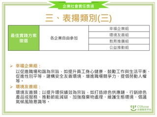 企業社會責任獎項
三、表揚類別(三)
 幸福企業組：
以促進職場和諧為宗旨，如提升員工身心健康、鼓勵工作與生活平衡、
促進性別平等、建構安全友善環境、增進職場競爭力、提倡勞動人權
等。
 環境友善組：
環境友善類：以提升環保績效為宗旨，如打造綠色供應鏈、行銷綠色
產品或服務、推動節能減碳、加強廢棄物處理、維護生態環境、倡議
氣候風險意識等。
最佳實踐方案
徵選
各企業自由參加
幸福企業組
環境友善組
教育推廣組
公益推動組
 