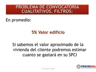 En promedio:
5% Valor edificio
Si sabemos el valor aproximado de la
vivienda del cliente podremos estimar
cuanto se gastará en su SPCI
Lic Eduardo Hurtado
 