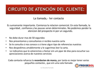 La llamada,- 1er contacto
Es sumamante importante. Comienza la relacion comercial. En esta llamada, la
seguridad , confianza y las pausas seran determinates. No podemos perder la
atencion del prospecto ni por un segundo.
• No debe durar mas de 50 segundos
• Nos presentamos y consultamos si recibio nuestra carta
• Se le consulta si nos conoce o si tiene algun tipo de referencias nuestras
• Nos despedimos amablemente y le sugerimos leer la carta.
• Le indicamos que lo volveremos a llamar em um ppar de dias para escuchar sus
apreciaciones acerca de nuestros servicios
Cada contacto refuerza la recordacion de marca, por tanto es mejor tener varios
pequeños contactos , que em uma sola llamada
Lic Eduardo Hurtado
 