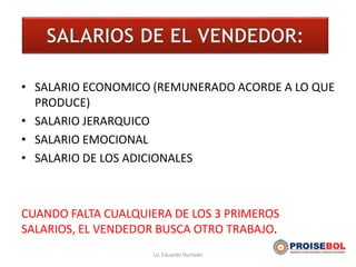 EL VENDEDOR
• SALARIO ECONOMICO (REMUNERADO ACORDE A LO QUE
PRODUCE)
• SALARIO JERARQUICO
• SALARIO EMOCIONAL
• SALARIO DE LOS ADICIONALES
CUANDO FALTA CUALQUIERA DE LOS 3 PRIMEROS
SALARIOS, EL VENDEDOR BUSCA OTRO TRABAJO.
Lic Eduardo Hurtado
 