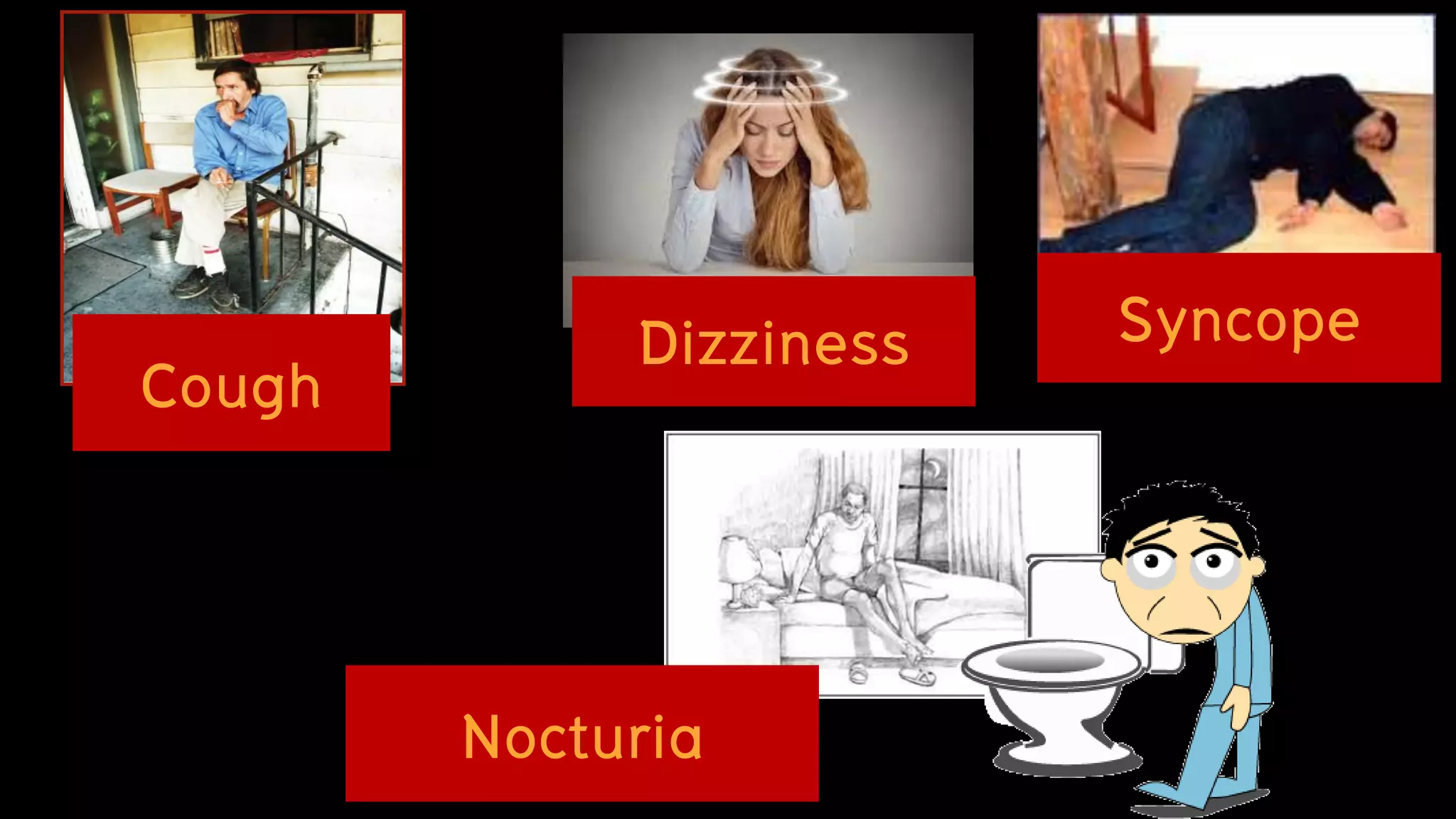 Syncope
Cough
Nocturia
Dizziness
 