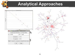 16
• Scale-free networks
– Degree distribution follows power law:
P(k) ~ k-γ, where γ is a constant.
– Result is that there are distinctive “hubs”
(essential proteins?)
– Overall, though, network is resilient to
perturbation
– Biological (and social) networks tend to be
scale-free
Analytical Approaches
 