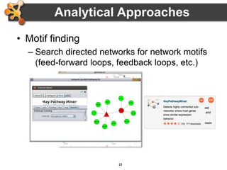 21
• Motif finding
– Search directed networks for network motifs
(feed-forward loops, feedback loops, etc.)
Analytical Approaches
 