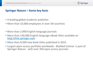 Publishing Scientific Research | March 2016 | Page 6
Springer Nature – Some key facts
• A leading global academic publisher
• More than 13,000 employees in over 50 countries
• More than 2,900 English-language journals
• More than 130,000 English-language eBook titles available on
http://link.springer.com
• More than 8,500 new book titles published in 2015
• Largest open access portfolio worldwide - BioMed Central is part of
Springer Nature - with over 350 open access journals
 