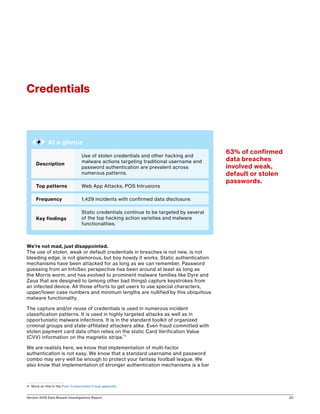 Verizon 2016 Data Breach Investigations Report 20
We’re not mad, just disappointed.
The use of stolen, weak or default credentials in breaches is not new, is not
bleeding edge, is not glamorous, but boy howdy it works. Static authentication
mechanisms have been attacked for as long as we can remember. Password
guessing from an InfoSec perspective has been around at least as long as
the Morris worm, and has evolved to prominent malware families like Dyre and
Zeus that are designed to (among other bad things) capture keystrokes from
an infected device. All those efforts to get users to use special characters,
upper/lower case numbers and minimum lengths are nullified by this ubiquitous
malware functionality.
The capture and/or reuse of credentials is used in numerous incident
classification patterns. It is used in highly targeted attacks as well as in
opportunistic malware infections. It is in the standard toolkit of organized
criminal groups and state-affiliated attackers alike. Even fraud committed with
stolen payment card data often relies on the static Card Verification Value
(CVV) information on the magnetic stripe.11
We are realists here, we know that implementation of multi-factor
authentication is not easy. We know that a standard username and password
combo may very well be enough to protect your fantasy football league. We
also know that implementation of stronger authentication mechanisms is a bar
11	 More on this in the Post-Compromise Fraud appendix.
Credentials
63% of confirmed
data breaches
involved weak,
default or stolen
passwords.
At a glance
Description
Use of stolen credentials and other hacking and
malware actions targeting traditional username and
password authentication are prevalent across
numerous patterns.
Top patterns Web App Attacks, POS Intrusions
Frequency 1,429 incidents with confirmed data disclosure.
Key findings
Static credentials continue to be targeted by several
of the top hacking action varieties and malware
functionalities.
 