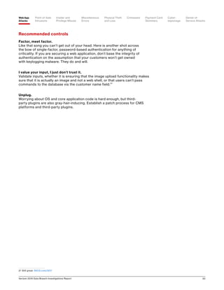 Verizon 2016 Data Breach Investigations Report 30
Recommended controls
Factor, meet factor.
Like that song you can’t get out of your head. Here is another shot across
the bow of single-factor, password-based authentication for anything of
criticality. If you are securing a web application, don’t base the integrity of
authentication on the assumption that your customers won’t get owned
with keylogging malware. They do and will.
I value your input, I just don’t trust it.
Validate inputs, whether it is ensuring that the image upload functionality makes
sure that it is actually an image and not a web shell, or that users can’t pass
commands to the database via the customer name field.21
Unplug.
Worrying about OS and core application code is hard enough, but third-
party plugins are also gray-hair-inducing. Establish a patch process for CMS
platforms and third-party plugins.
21	 Still great: XKCD.com/327/
Point-of-Sale
Intrusions
Payment Card
Skimmers
CrimewareWeb App
Attacks
Denial-of-
Service Attacks
Physical Theft
and Loss
Insider and
Privilege Misuse
Miscellaneous
Errors
Cyber-
espionage
 