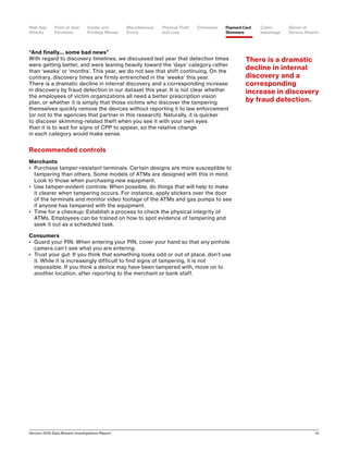 Verizon 2016 Data Breach Investigations Report 51
“And finally... some bad news”
With regard to discovery timelines, we discussed last year that detection times
were getting better, and were leaning heavily toward the ‘days’ category rather
than ‘weeks’ or ‘months’. This year, we do not see that shift continuing. On the
contrary, discovery times are firmly entrenched in the ‘weeks’ this year.
There is a dramatic decline in internal discovery and a corresponding increase
in discovery by fraud detection in our dataset this year. It is not clear whether
the employees of victim organizations all need a better prescription vision
plan, or whether it is simply that those victims who discover the tampering
themselves quickly remove the devices without reporting it to law enforcement
(or not to the agencies that partner in this research). Naturally, it is quicker
to discover skimming-related theft when you see it with your own eyes
than it is to wait for signs of CPP to appear, so the relative change
in each category would make sense.
Recommended controls
Merchants
•	 Purchase tamper-resistant terminals: Certain designs are more susceptible to
tampering than others. Some models of ATMs are designed with this in mind.
Look to those when purchasing new equipment.
•	 Use tamper-evident controls: When possible, do things that will help to make
it clearer when tampering occurs. For instance, apply stickers over the door
of the terminals and monitor video footage of the ATMs and gas pumps to see
if anyone has tampered with the equipment.
•	 Time for a checkup: Establish a process to check the physical integrity of
ATMs. Employees can be trained on how to spot evidence of tampering and
seek it out as a scheduled task.
Consumers
•	 Guard your PIN: When entering your PIN, cover your hand so that any pinhole
camera can’t see what you are entering.
•	 Trust your gut: If you think that something looks odd or out of place, don’t use
it. While it is increasingly difficult to find signs of tampering, it is not
impossible. If you think a device may have been tampered with, move on to
another location, after reporting to the merchant or bank staff.
There is a dramatic
decline in internal
discovery and a
corresponding
increase in discovery
by fraud detection.
Point-of-Sale
Intrusions
Payment Card
Skimmers
CrimewareWeb App
Attacks
Denial-of-
Service Attacks
Physical Theft
and Loss
Insider and
Privilege Misuse
Miscellaneous
Errors
Cyber-
espionage
 