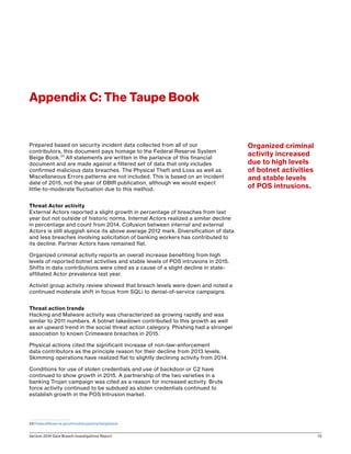 Verizon 2016 Data Breach Investigations Report 72
Prepared based on security incident data collected from all of our
contributors, this document pays homage to the Federal Reserve System
Beige Book.33
All statements are written in the parlance of this financial
document and are made against a filtered set of data that only includes
confirmed malicious data breaches. The Physical Theft and Loss as well as
Miscellaneous Errors patterns are not included. This is based on an incident
date of 2015, not the year of DBIR publication, although we would expect
little-to-moderate fluctuation due to this method.
Threat Actor activity
External Actors reported a slight growth in percentage of breaches from last
year but not outside of historic norms. Internal Actors realized a similar decline
in percentage and count from 2014. Collusion between internal and external
Actors is still sluggish since its above average 2012 mark. Diversification of data
and less breaches involving solicitation of banking workers has contributed to
its decline. Partner Actors have remained flat.
Organized criminal activity reports an overall increase benefiting from high
levels of reported botnet activities and stable levels of POS intrusions in 2015.
Shifts in data contributions were cited as a cause of a slight decline in state-
affiliated Actor prevalence last year.
Activist group activity review showed that breach levels were down and noted a
continued moderate shift in focus from SQLi to denial-of-service campaigns.
Threat action trends
Hacking and Malware activity was characterized as growing rapidly and was
similar to 2011 numbers. A botnet takedown contributed to this growth as well
as an upward trend in the social threat action category. Phishing had a stronger
association to known Crimeware breaches in 2015.
Physical actions cited the significant increase of non-law-enforcement
data contributors as the principle reason for their decline from 2013 levels.
Skimming operations have realized flat to slightly declining activity from 2014.
Conditions for use of stolen credentials and use of backdoor or C2 have
continued to show growth in 2015. A partnership of the two varieties in a
banking Trojan campaign was cited as a reason for increased activity. Brute
force activity continued to be subdued as stolen credentials continued to
establish growth in the POS Intrusion market.
33	FederalReserve.gov/monetarypolicy/beigebook
Appendix C: The Taupe Book
Organized criminal
activity increased
due to high levels
of botnet activities
and stable levels
of POS intrusions.
 