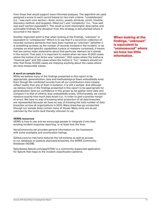 Verizon 2016 Data Breach Investigations Report 77
from those that would support more informed analyses. The algorithm we used
assigned a score to each record based on two main criteria: “completeness”
(i.e., “was each core section—Actor, action, assets, attribute, victim, timeline,
discovery method, and targeted—filled out”) and “complexity” (i.e., “how well
was each section populated”). The result is more meaningful, descriptive and
actionable findings. Any deviation from this strategy is documented where it
occurred in the report.
Another important point is that when looking at the findings, “unknown” is
equivalent to “unmeasured.” Which is to say that if a record (or collection of
records) contains elements that have been marked as “unknown” (whether it
is something as basic as the number of records involved in the incident, or as
complex as what specific capabilities a piece of malware contained), it means
that we cannot make statements about that particular element as it stands
in the record. That said, it is important to realize when we have 10,000 cases
where the motive of an Actor was “unknown,” 500 cases where the motive is
“financial gain” and 100 cases where the motive is “fun,” readers should not
infer that those 10,000 cases are implying anything about the cases where
we have measurable values.
A word on sample bias
While we believe many of the findings presented in this report to be
appropriate, generalization, bias and methodological flaws undoubtedly exist.
Even though the combined records from all our contributors more closely
reflect reality than any of them in isolation, it is still a sample. And although
we believe many of the findings presented in this report to be appropriate for
generalization (and our confidence in this grows as we gather more data and
compare it to that of others), bias undoubtedly exists. Unfortunately, we cannot
measure exactly how much bias exists (i.e., in order to give a precise margin
of error). We have no way of knowing what proportion of all data breaches
are represented because we have no way of knowing the total number of data
breaches across all organizations in 2015. Many breaches go unreported
(though our sample does contain many of those). Many more are as yet
unknown by the victim (and thereby unknown to us).
VERIS resources
VERIS is free to use and we encourage people to integrate it into their
existing incident response reporting, or at least kick the tires.
VerisCommunity.net provides general information on the framework
with some examples and enumeration listings.
GitHub.com/vz-risk/veris features the full schema as well as access
to our database on publicly disclosed breaches, the VERIS Community
Database (VCDB).
Splunkbase.Splunk.com/app/2708/ is a community-supported application
for Splunk that maps to the incident classification patterns.
When looking at the
findings, “unknown”
is equivalent to
“unmeasured” where
we have too little
information.
 
