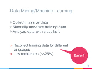 Data Mining/Machine Learning
▷Collect massive data
▷Manually annotate training data
▷Analyze data with classifiers
 Recol...