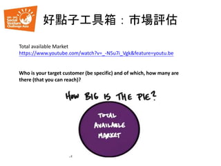 好點子工具箱：市場評估
Total available Market
https://www.youtube.com/watch?v=_-N5u7i_Vgk&feature=youtu.be
Who is your target customer (be specific) and of which, how many are
there (that you can reach)?
 
