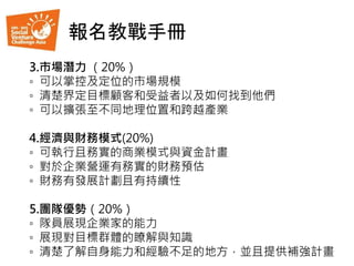3.市場潛力 （20%）
◦ 可以掌控及定位的市場規模
◦ 清楚界定目標顧客和受益者以及如何找到他們
◦ 可以擴張至不同地理位置和跨越產業
4.經濟與財務模式(20%)
◦ 可執行且務實的商業模式與資金計畫
◦ 對於企業營運有務實的財務預估
◦ 財務有發展計劃且有持續性
5.團隊優勢（20%）
◦ 隊員展現企業家的能力
◦ 展現對目標群體的瞭解與知識
◦ 清楚了解自身能力和經驗不足的地方，並且提供補強計畫
報名教戰手冊
 