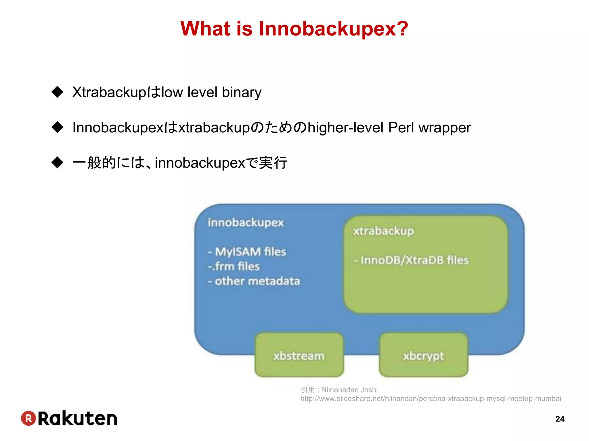 24
What is Innobackupex?
 Xtrabackupはlow level binary
 Innobackupexはxtrabackupのためのhigher-level Perl wrapper
 一般的には、innobackupexで実行
引用 : Nilnanadan Joshi
http://www.slideshare.net/nilnandan/percona-xtrabackup-mysql-meetup-mumbai
 
