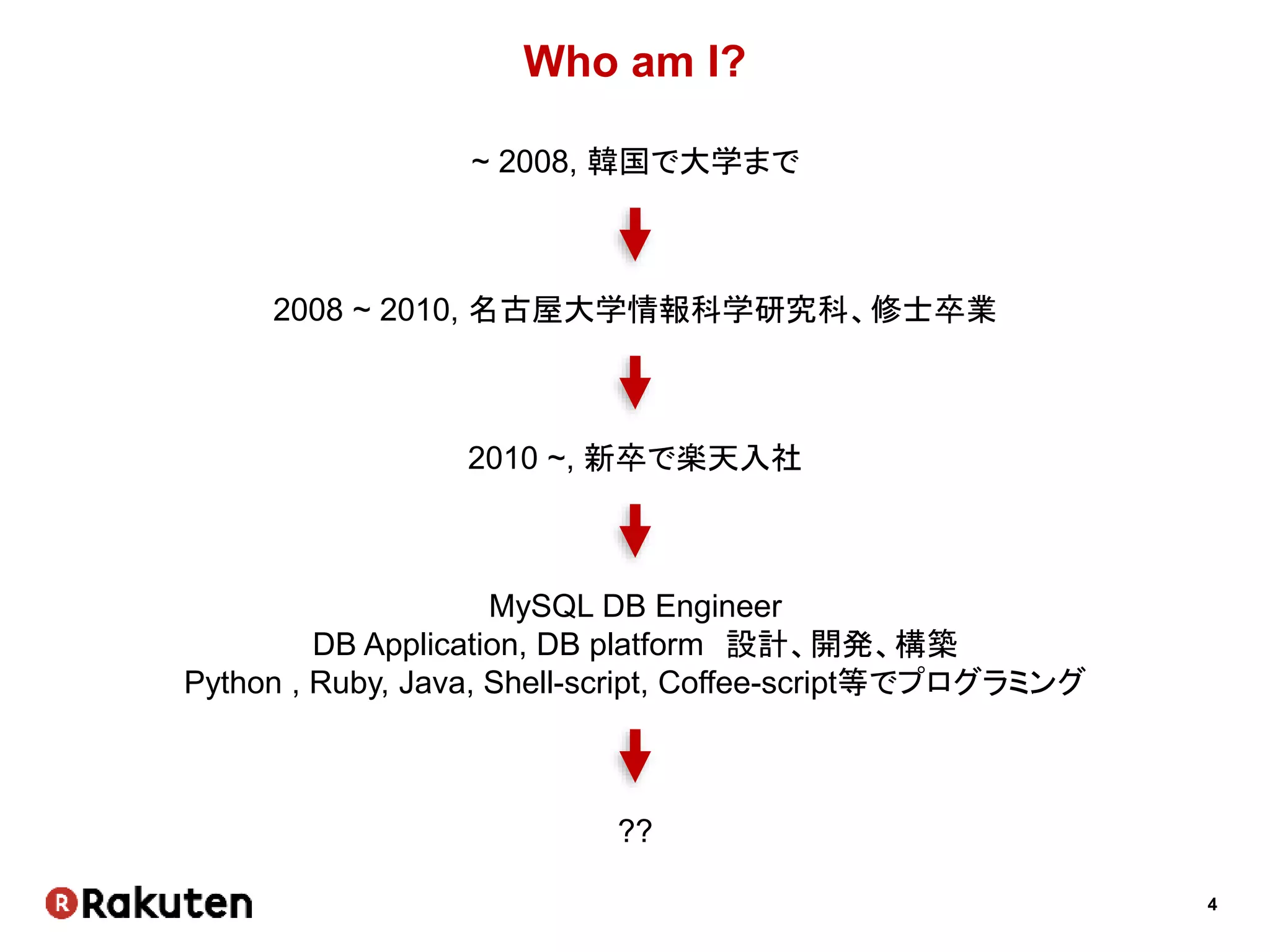 4
Who am I?
2008 ~ 2010, 名古屋大学情報科学研究科、修士卒業
2010 ~, 新卒で楽天入社
MySQL DB Engineer
DB Application, DB platform 設計、開発、構築
Python , Ruby, Java, Shell-script, Coffee-script等でプログラミング
~ 2008, 韓国で大学まで
??
 