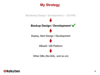 12
My Strategy
Monitoring Design / Development ( ~ 2014年)
Backup Design / Development
Deploy, Alert Design / Development
DBaaS / DB Platform
Other DBs (No-SQL, and so on)
 