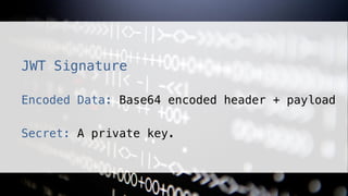 JWT Signature!
!
Encoded Data: Base64 encoded header + payload!
!
Secret: A private key.!
 
