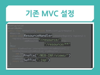 기존 MVC 설정
@Configuration 
@EnableWebMvc 
public class WebAppConfig extends WebMvcConfigurerAdapter { 
@Override 
public void addResourceHandlers(ResourceHandlerRegistry registry) { 
registry.addResourceHandler(“/resource/")
.addResourceLocations("/resource/**"); 
} 
@Bean 
public ViewResolver internalResourceViewResolver() { 
InternalResourceViewResolver viewResolver =
new InternalResourceViewResolver(); 
viewResolver.setPrefix("/WEB-INF/views/"); 
viewResolver.setSuffix(".jsp"); 
return viewResolver; 
}
}
“/resource/"
"/resource/**"
ResourceHandler
Prefix("/WEB-INF/views/")
Suffix(".jsp")
 