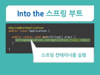 Into the 스프링 부트
@SpringBootApplication 
public class Application {
 
public static void main(String[] args) { 
SpringApplication.run(Application.class, args); 
}
 
}
스프링 컨테이너를 실행
 