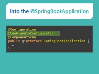 Into the @SpringBootApplication
@Configuration 
@EnableAutoConfiguration 
@ComponentScan 
public @interface SpringBootApplication {
…
}
 