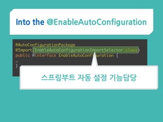 Into the @EnableAutoConfiguration
@AutoConfigurationPackage 
@Import(EnableAutoConfigurationImportSelector.class) 
public @interface EnableAutoConfiguration { 
… 
}
스프링부트 자동 설정 기능담당
 