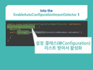 Into the
EnableAutoConfigurationImportSelector 1
public class EnableAutoConfigurationImportSelector implements
DeferredImportSelector, … {
@Override 
public String[] selectImports(AnnotationMetadata metadata) {
…
}
}
설정 클래스(@Configuration)
리스트 받아서 활성화
 