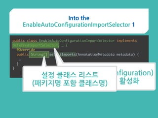 Into the
EnableAutoConfigurationImportSelector 1
public class EnableAutoConfigurationImportSelector implements
DeferredImportSelector, … {
@Override 
public String[] selectImports(AnnotationMetadata metadata) {
…
}
}
설정 클래스(@Configuration)
리스트 받아서 활성화
설정 클래스 리스트  
(패키지명 포함 클래스명)
 