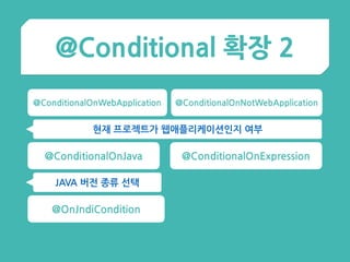 @Conditional 확장 2
@ConditionalOnJava
@OnJndiCondition
@ConditionalOnWebApplication
@ConditionalOnExpression
현재 프로젝트가 웹애플리케이션인지 여부
JAVA 버전 종류 선택
@ConditionalOnNotWebApplication
 