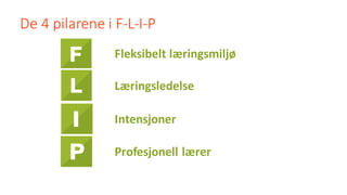 De	4	pilarene	i	F-L-I-P	
Fleksibelt	læringsmiljø
Læringsledelse
Intensjoner
Profesjonell	lærer
 