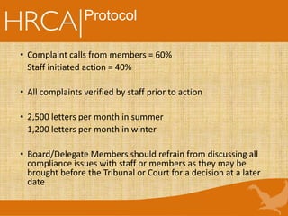 Protocol
• Complaint calls from members = 60%
Staff initiated action = 40%
• All complaints verified by staff prior to action
• 2,500 letters per month in summer
1,200 letters per month in winter
• Board/Delegate Members should refrain from discussing all
compliance issues with staff or members as they may be
brought before the Tribunal or Court for a decision at a later
date
 