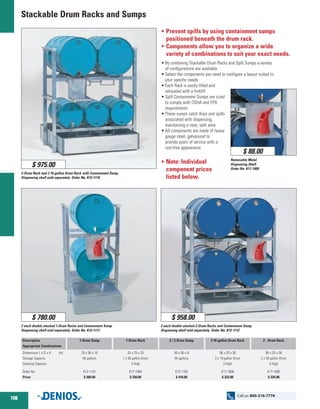 Stackable Drum Racks and Sumps
2-Drum Rack and 3 16-gallon Drum Rack with Containment Sump,
Dispensing shelf sold separately. Order No. K12-1110
Removable Metal
Dispensing Shelf.
Order No. K17-1909
O Note: Individual
component prices
listed below.
O Prevent spills by using containment sumps
positioned beneath the drum rack.
O Components allow you to organize a wide
variety of combinations to suit your exact needs.
•	By combining Stackable Drum Racks and Spill Sumps a variety
	 of configurations are available
•	Select the components you need to configure a layout suited to
	 your specific needs
•	Each Rack is easily lifted and
	 relocated with a forklift
•	Spill Containment Sumps are sized
	 to comply with OSHA and EPA
	requirements
•	These sumps catch drips and spills
	 associated with dispensing,
	 maintaining a neat, safe area
•	All components are made of heavy
	 gauge steel, galvanized to
	 provide years of service with a
	 rust-free appearance
2 each double stacked 1-Drum Racks and Containment Sump.
Dispensing shelf sold separately. Order No. K12-1117
$ 975.00
$ 780.00
2 each double stacked 2-Drum Racks and Containment Sump.
Dispensing shelf sold separately. Order No. K12-1112
$ 958.00
$ 88.00
Description
Appropriate Combinations
Dimensions L x D x H	 (in)
Storage Capacity
Stacking Capacity
Order No.
Price
1-Drum Sump
28 x 50 x 10
55 gallons
K12-1101
$ 260.00
1-Drum Rack
33 x 25 x 33
1 x 55-gallon Drum
2-High
K17-1904
$ 250.00
2 / 3 Drum Sump
50 x 50 x 6
55 gallons
K12-1102
$ 416.00
3 16-gallon Drum Rack
56 x 25 x 36
3 x 16-gallon Drum
2-High
K17-1906
$ 333.00
2 - Drum Rack
56 x 25 x 36
2 x 55-gallon Drum
2-High
K17-1905
$ 334.00
108
Call us: 800-216-7776
 