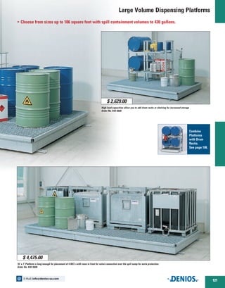 Large Volume Dispensing Platforms
16’ x 7’ Platform is long enough for placement of 4 IBC’s with room in front for valve connection over the spill sump for extra protection.
Order No. K42-5030
O Choose from sizes up to 106 square feet with spill containment volumes to 430 gallons.
High load capacities allow you to add drum racks or shelving for increased storage
Order No. K42-5020
$ 2,629.00
$ 4,475.00
Combine
Platforms
with Drum
Racks.
See page 108.
121
E-Mail: info@denios-us.com@
 