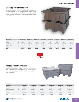 Bulk Containers
Stacking Pallet Containers
Our pallet containers are rotationally molded for superior strength in a
one-piece, lightweight unit. Use for in-plant handling, shipping, storage
or replacement for corrugated or steel. May be transferred with forklift
or pallet jacks. Grey color standard – other colors available for minimum
orders of three units.
Nesting Pallet Containers
Nesting Pallet Containers are designed to nest inside on-another when
empty to save space. Most units have optional lids available. Gray color
is standard – other colors are available in minimum non-returnable
orders of three units.
173
E-Mail: info@denios-us.com@
Description
Capacity	(gal)
Capacity	 (lbs)
Overall Top Dimension	 (in)
Shipping Weight 	 (lbs)
Order No.
Price
5.5 Cubic Feet
41
600
40 x 24 x 18
30
M74-0477
$ 219.00
12 Cubic Feet
91.5
500
40 x 39 x 20
35
M74-0479
$ 397.00
20 Cubic Feet
146
1000
48 x 36 x 28
60
M74-0478
$ 380.00
21 Cubic Feet
157
1000
40 x 40 x 30
59
M74-0480
$ 374.00
24 Cubic Feet
145
800
47 x 42 x 24
64
M74-0482
$ 380.00
35 Cubic Feet
240
1000
47 x 42 x 36
80
M74-0483
$ 439.00
45 Cubic Feet
335
1200
47 x 42 x 48
94
M74-0484
$ 490.00
60 Cubic Feet
475
1500
73 x 43 x 42
195
M74-0486
$ 1,017.00
Stacking Pallet
Nesting Pallet
Description
Capacity	(gal)
Capacity	 (lbs)
Overall Top Dimension	 (in)
Shipping Weight 	 (lbs)
Order No.
Price
20 Cubic Feet
145
600
43 x 43 x 24
64
M74-0489
$ 380.00
27 Cubic Feet
203
1000
50 x 40 x 33
80
M74-0494
$ 448.00
29 Cubic Feet
215
1000
43 x 43 x 33
75
M74-0490
$ 402.00
30 Cubic Feet
215
1000
50 x 42 x 33
116
M74-0493
$ 512.00
38 Cubic Feet
286
1200
52 x 42 x 42
84
M74-0496
$ 462.00
39 Cubic Feet
290
1200
43 x 43 x 44
93
M74-0491
$ 483.00
 
