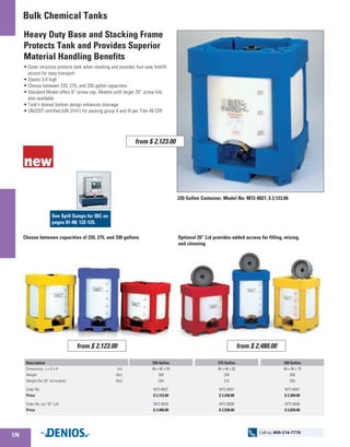 Heavy Duty Base and Stacking Frame
Protects Tank and Provides Superior
Material Handling Benefits
•	Outer structure protects tank when stacking and provides four-way forklift
access for easy transport
•	Stacks 3-4 high
•	Choose between 220, 275, and 330 gallon capacities.
•	Standard Model offers 6” screw cap. Models with larger 20” screw lids
also available
•	Tank’s domed bottom design enhances drainage
•	UN/DOT certified (UN 31H1) for packing group II and III per Title 49 CFR
Optional 20” Lid provides added access for filling, mixing,
and cleaning
220 Gallon Container, Model No: M72-8027, $ 2,123.00
Choose between capacities of 220, 275, and 330 gallons
Description
Dimensions L x D x H	 (in)
Weight 	 (lbs)
Weight (for 20” lid models) 	 (lbs)
Order No.
Price
Order No. (w/ 20” Lid)
Price
220 Gallon
46 x 46 x 54
268
294
M72-8027
$ 2,123.00
M72-8028
$ 2,480.00
275 Gallon
46 x 46 x 62
289
315
M72-8037
$ 2,230.00
M72-8038
$ 2,538.00
330 Gallon
46 x 46 x 70
309
335
M72-8047
$ 2,369.00
M72-8048
$ 2,659.00
from $ 2,123.00 from $ 2,480.00
from $ 2,123.00
See Spill Sumps for IBC on
pages 81-88; 122-125.
Bulk Chemical Tanks
176
Call us: 800-216-7776
 