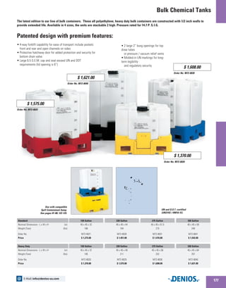 The latest edition to our line of bulk containers. These all polyethylene, heavy duty bulk containers are constructed with 1/2 inch walls to
provide extended life. Available in 4 sizes, the units are stackable 2 high. Pressure rated for 14.7 P. S.I.G.
•	2 large 2” bung openings for top
draw tubes
	 or pressure / vacuum relief vents
•	Molded-in UN markings for long-
term legibility
	 and regulatory security
Patented design with premium features:
•	4-way forklift capability for ease of transport include pockets 		
front and rear and open channels on sides
•	Protective hatchway door for added protection and security for 		
bottom drain valve
•	Large 6.5 G.E.M. cap and seal exceed UN and DOT
	 requirements (lid opening is 6”)
Order No. M72-8025
Use with compatible
Spill Containment Sump.
See pages 81-88; 122-125.
UN and D.O.T.-certified
(UN31H2 / HM18-1E).
$ 1,575.00
$ 1,370.00
Order No. M72-8040
Order No. M72-8020
$ 1,621.00
120 Gallon
45 x 45 x 32
168
M72-8021
$ 1,275.00
220 Gallon
45 x 45 x 44
184
M72-8026
$ 1,451.00
275 Gallon
45 x 45 x 51.5
215
M72-8031
$ 1,476.00
330 Gallon
45 x 45 x 59
240
M72-8041
$ 1,542.00
Standard
Nominal Dimensions - L x W x H	 (in)
Weight (Tare)	 (lbs)
Order No.
Price
Order No. M72-8030
$ 1,608.00
Bulk Chemical Tanks
120 Gallon
45 x 45 x 37
185
M72-8020
$ 1,370.00
220 Gallon
45 x 45 x 49
211
M72-8025
$ 1,575.00
275 Gallon
45 x 45 x 56
232
M72-8030
$ 1,608.00
330 Gallon
45 x 45 x 64
257
M72-8040
$ 1,621.00
Heavy Duty
Nominal Dimensions - L x W x H	 (in)
Weight (Tare)	 (lbs)
Order No.
Price
177
E-Mail: info@denios-us.com@
 