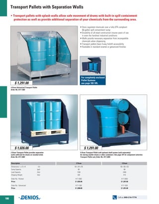 Transport Pallets with Separation Walls
4 Drum Galvanized Transport Pallet.
Order No. K17-1303
For completely enclosed
Pallet Systems
see page 102-105.
O Transport pallets with splash walls allow safe movement of drums with built-in spill containment 		
	protection as well as provide additional separation of your chemicals from the surrounding area.
•	Store regulated chemicals over a fully EPA compliant
	 66-gallon spill containment sump
•	Durability of all-steel construction insures years of use
	 in even the harshest industrial conditions
•	Walls provide necessary separation from incompatible
	 chemicals when dispensing
•	Transport pallets have 4-way forklift accessibility
•	Available in standard enamel or galvanized finishes
$ 1,291.00
2 Drum Transport Pallet provides separation
walls sufficient for drums on wooded skids.
Order No. K17-3302
$ 1,026.00
4 Drum Transport Pallet with optional shelf system (sold separately)
for storing smaller drums or other containers. See page 101 for component selection.
Transport Pallet only Order No. K17-3303.
$ 1,291.00
Description
Dimensions L x D x H 	 (in)
Sump Capacity	 (gal)
Load Capacity	 (lbs)
Shipping Weight	 (lbs)
Order No.- Painted
Price
Order No.- Galvanized
Price
2 Drum
54 x 34 x 55
66
1200
320
K17-3302
$ 1,026.00
K17-1302
$ 1,098.00
4 Drum
55 x 50 x 53
66
2400
410
K17-3303
$ 1,207.00
K17-1303
$ 1,291.00
100
Call us: 800-216-7776
 