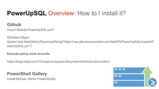 PowerUpSQL Overview: How to I install it?
Github
Import-Module PowerUpSQL.psd1
IEX(New-Object
System.Net.WebClient).Downlo...