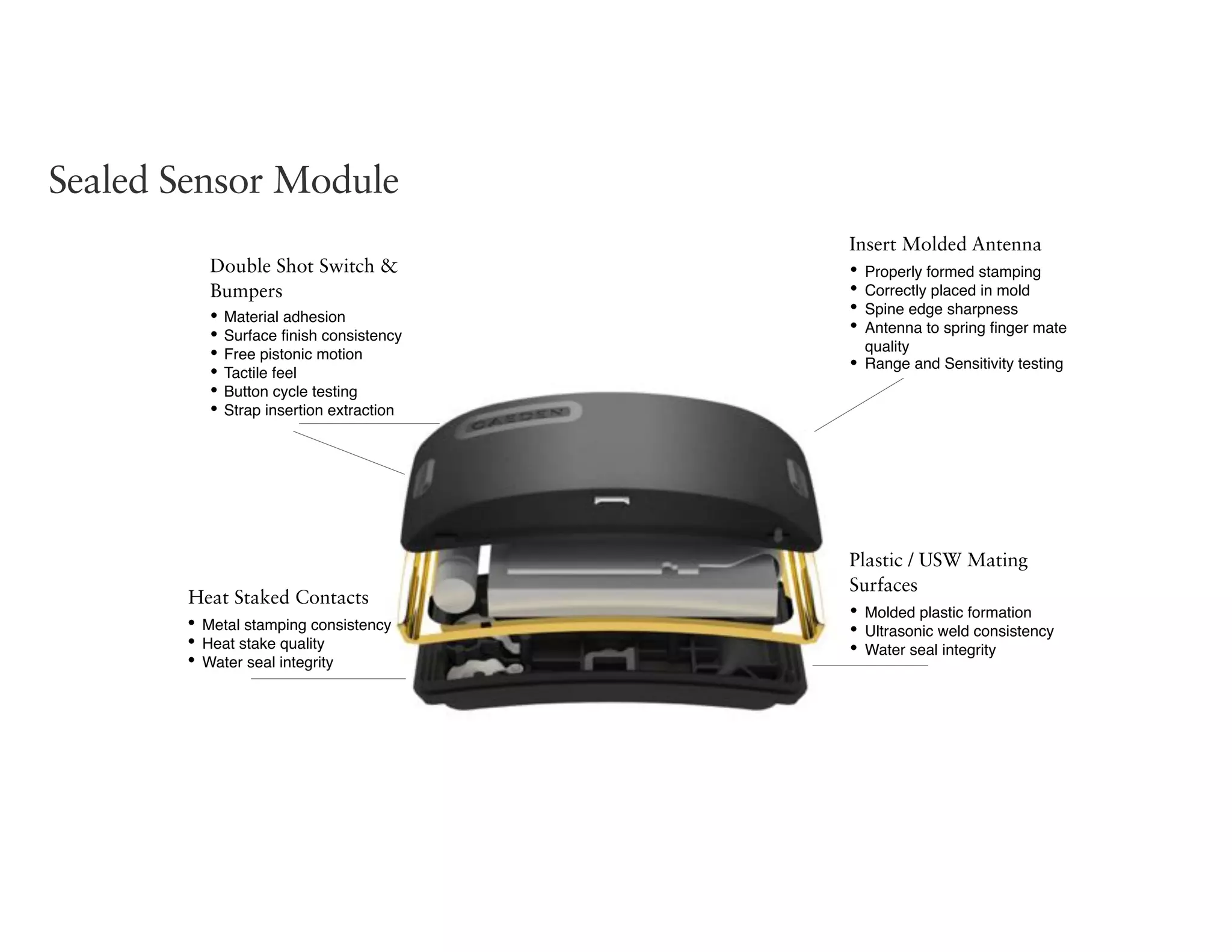 Sealed Sensor Module
Heat Staked Contacts
• Metal stamping consistency
• Heat stake quality
• Water seal integrity
Double Shot Switch &
Bumpers
• Material adhesion
• Surface ﬁnish consistency
• Free pistonic motion
• Tactile feel
• Button cycle testing
• Strap insertion extraction
Plastic / USW Mating
Surfaces
• Molded plastic formation
• Ultrasonic weld consistency
• Water seal integrity
Insert Molded Antenna
• Properly formed stamping
• Correctly placed in mold
• Spine edge sharpness
• Antenna to spring ﬁnger mate
quality
• Range and Sensitivity testing
 