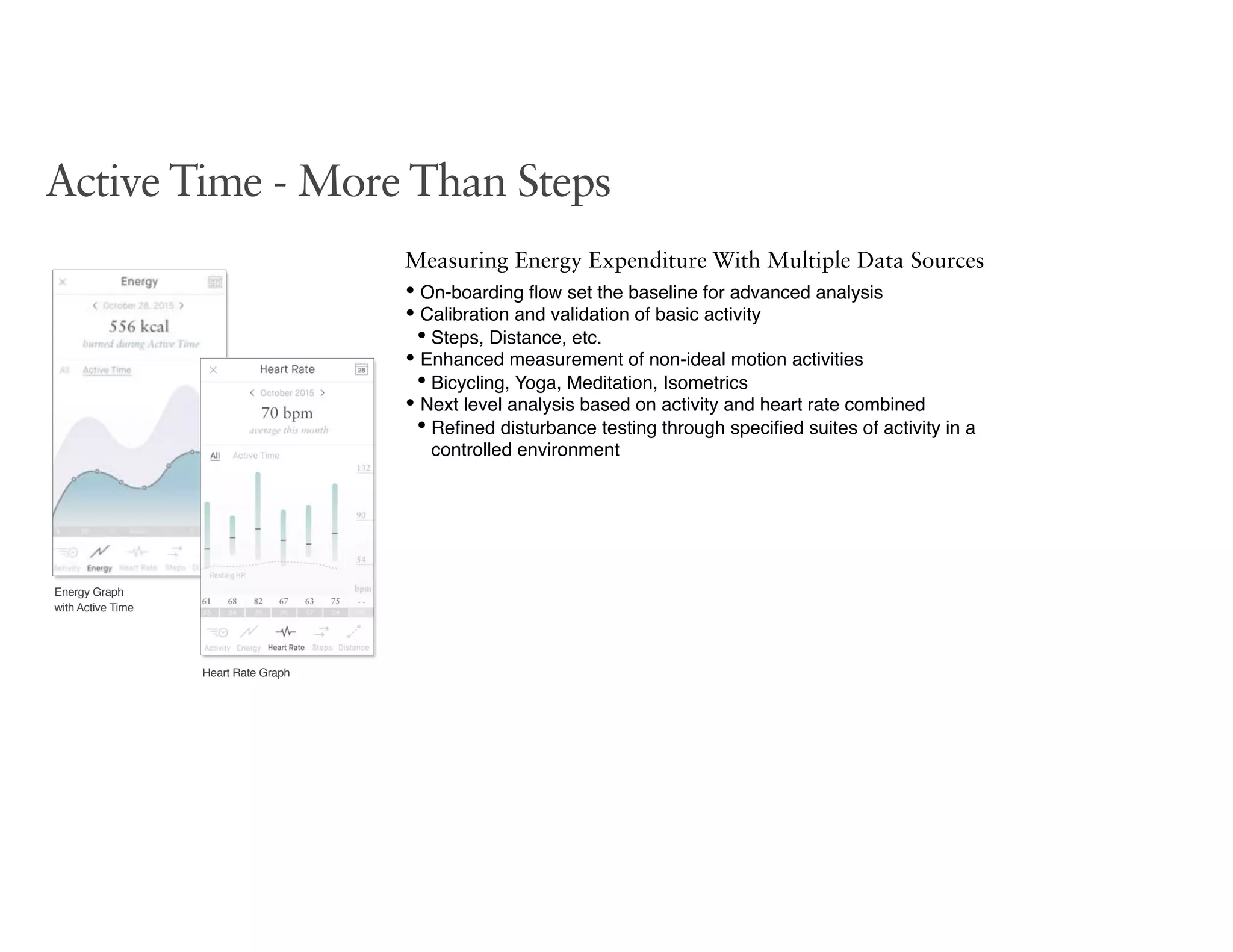 Active Time - More Than Steps
Energy Graph  
with Active Time
Heart Rate Graph
Measuring Energy Expenditure With Multiple Data Sources
• On-boarding ﬂow set the baseline for advanced analysis
• Calibration and validation of basic activity
• Steps, Distance, etc.
• Enhanced measurement of non-ideal motion activities
• Bicycling, Yoga, Meditation, Isometrics
• Next level analysis based on activity and heart rate combined
• Reﬁned disturbance testing through speciﬁed suites of activity in a
controlled environment
 